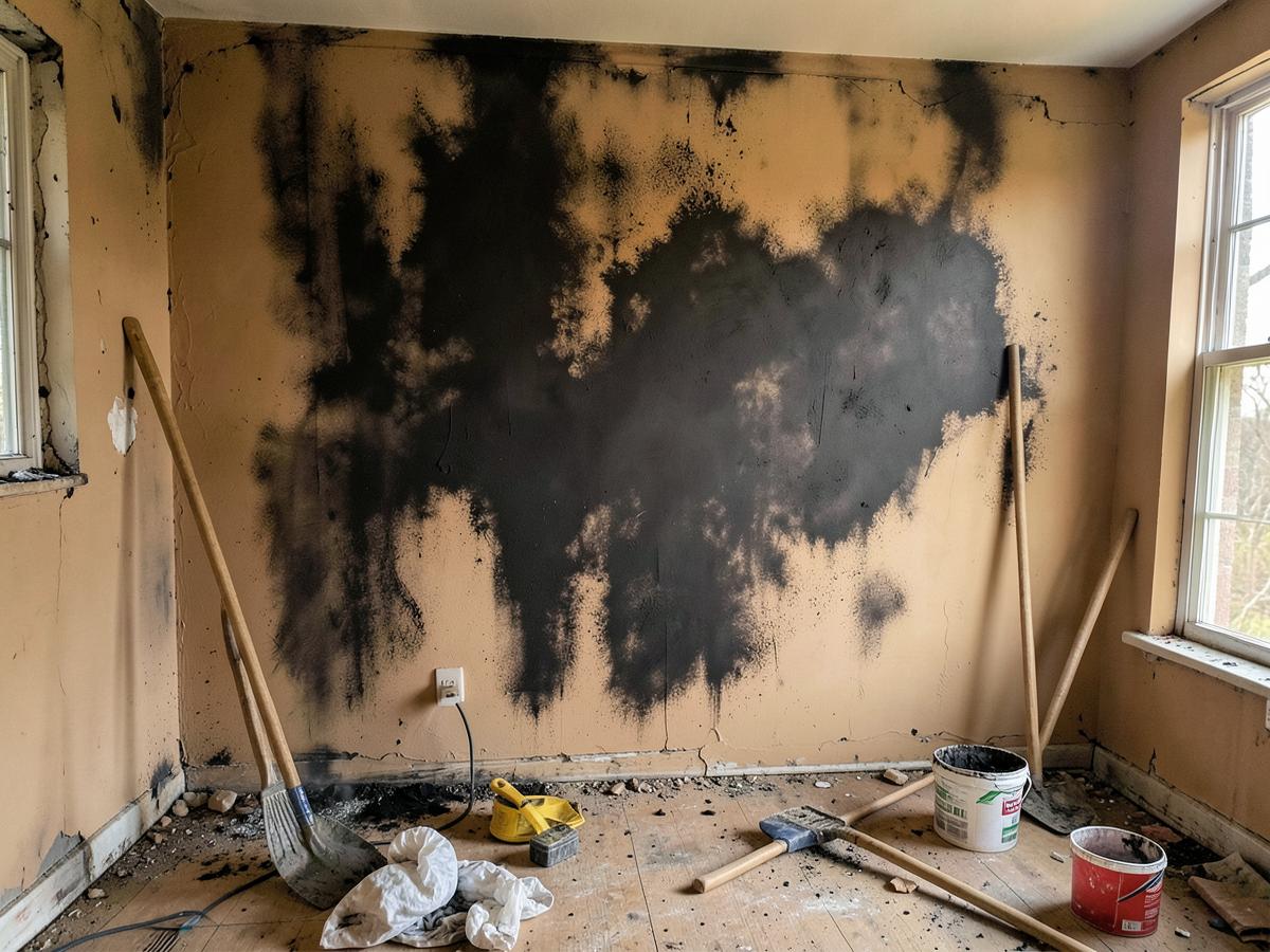 Soot-stained interior wall being prepared for fire and smoke damage cleanup