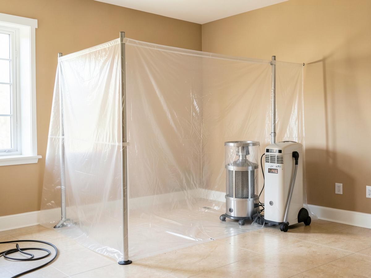 Plastic containment barrier and air scrubber set up for mold remediation